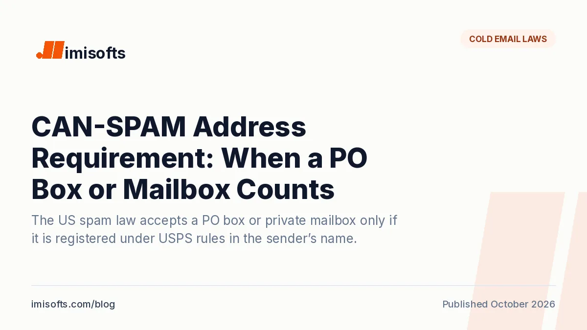 CAN-SPAM address requirement: a street address, a USPS PO box or a private mailbox registered with a commercial mail receiving agency, in the sender’s name; the smallest USPS box costs $31 to $170 for six months