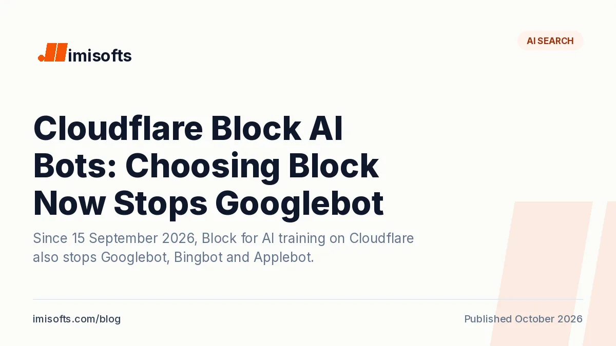 Cloudflare block AI bots: since 15 September 2026, choosing Block for AI training also stops Googlebot, Bingbot and Applebot, while Disallow keeps search crawling