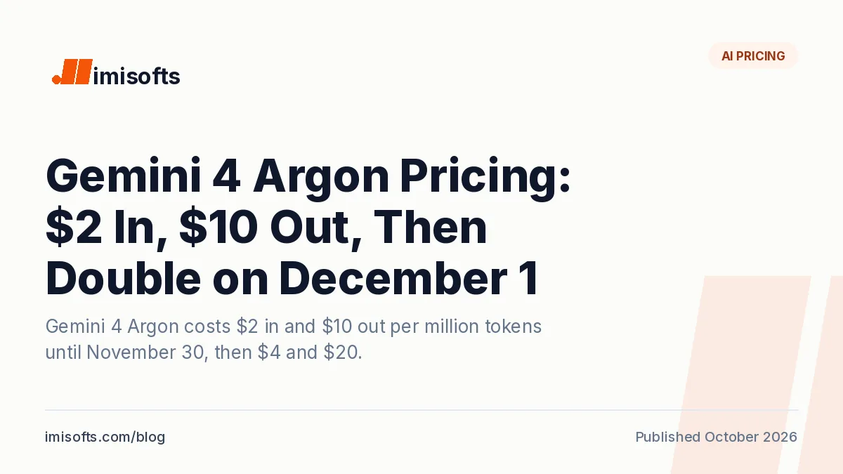 Gemini 4 Argon pricing: $2 input and $10 output per million tokens through November 30, 2026, then $4 and $20