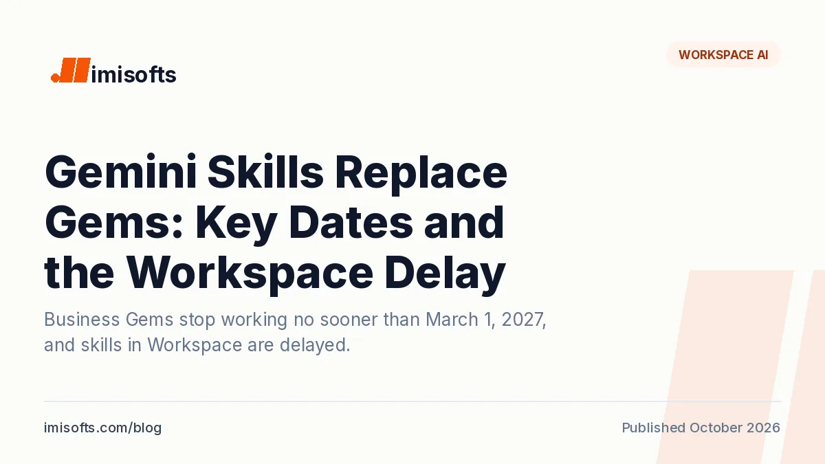 Gemini skills replace Gems: skills roll out in the Gemini app from October 13, 2026, skills in Workspace are delayed, and Gems end no sooner than March 1, 2027