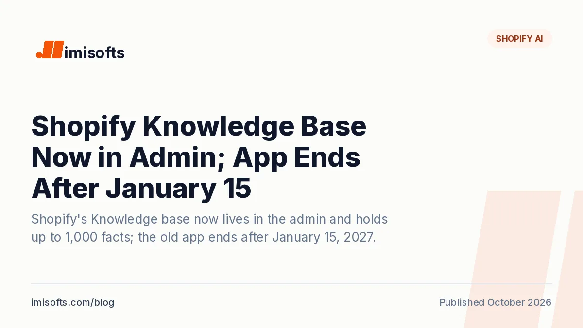 Shopify Knowledge base in the admin under Sales channels, Agentic; the Knowledge Base app it replaces is unavailable after January 15, 2027