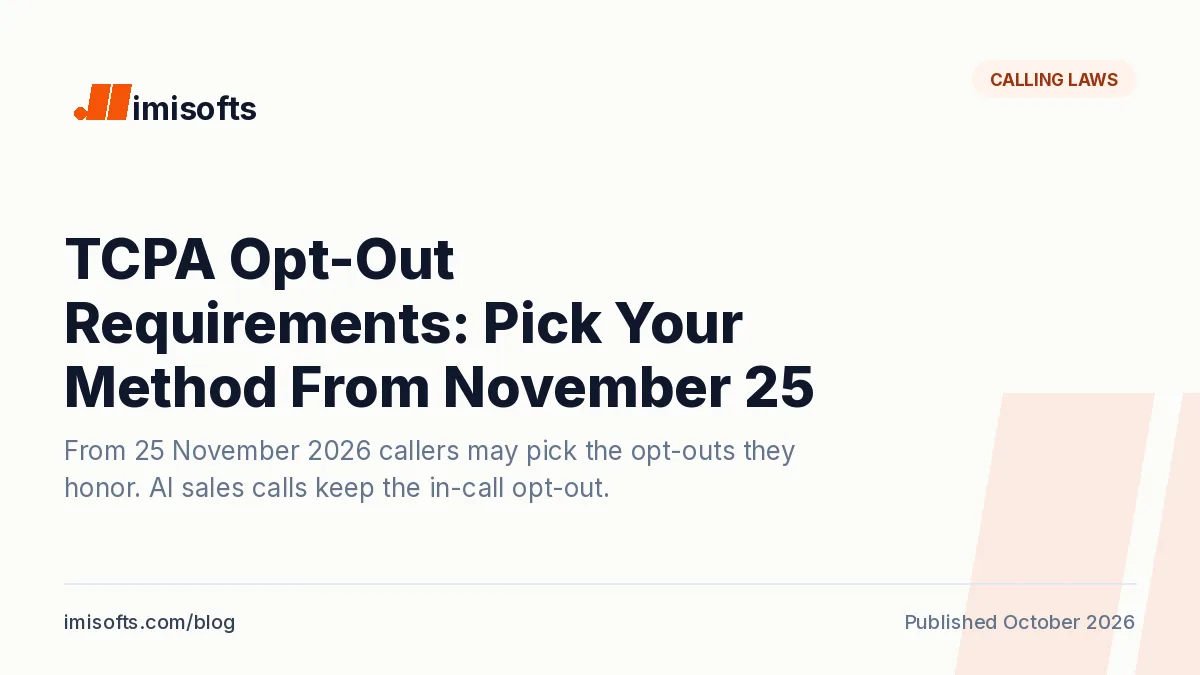 TCPA opt-out requirements from 25 November 2026: callers may name exclusive opt-out methods if every call or text discloses them, while AI sales calls keep the automated in-call opt-out and the do-not-call list