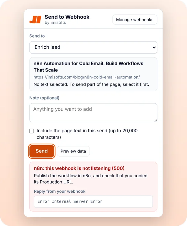 The popup explaining that an n8n webhook is not listening and that the workflow needs to be published