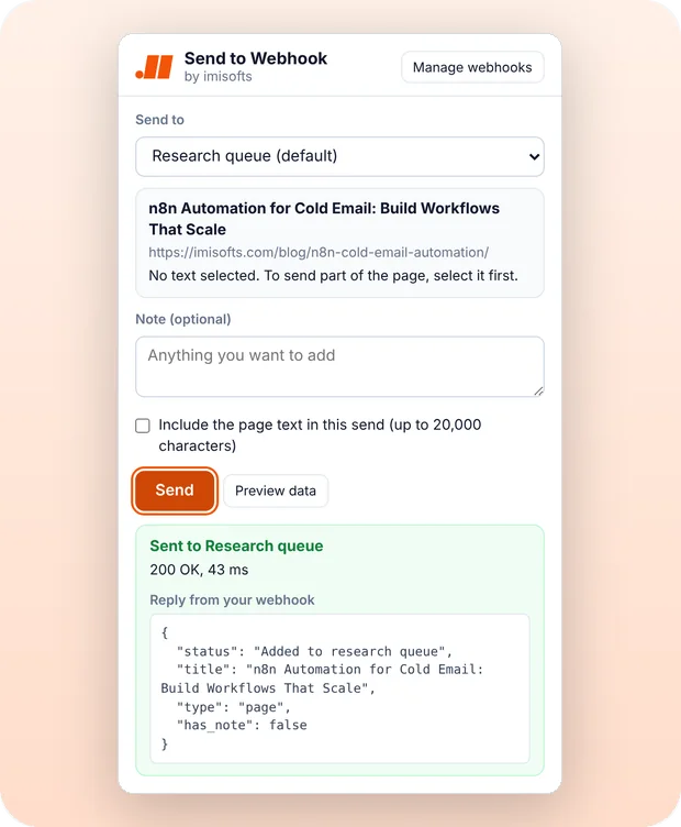 The Send to Webhook popup after sending an imisofts.com article to a webhook called Research queue, with the n8n reply shown below