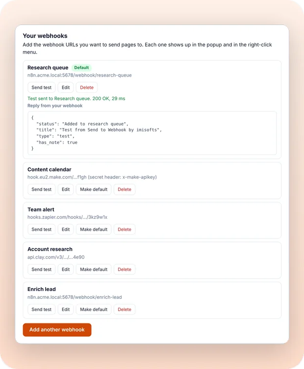 The settings page with five saved webhooks for n8n, Make, Zapier and Clay, and the reply to a test send