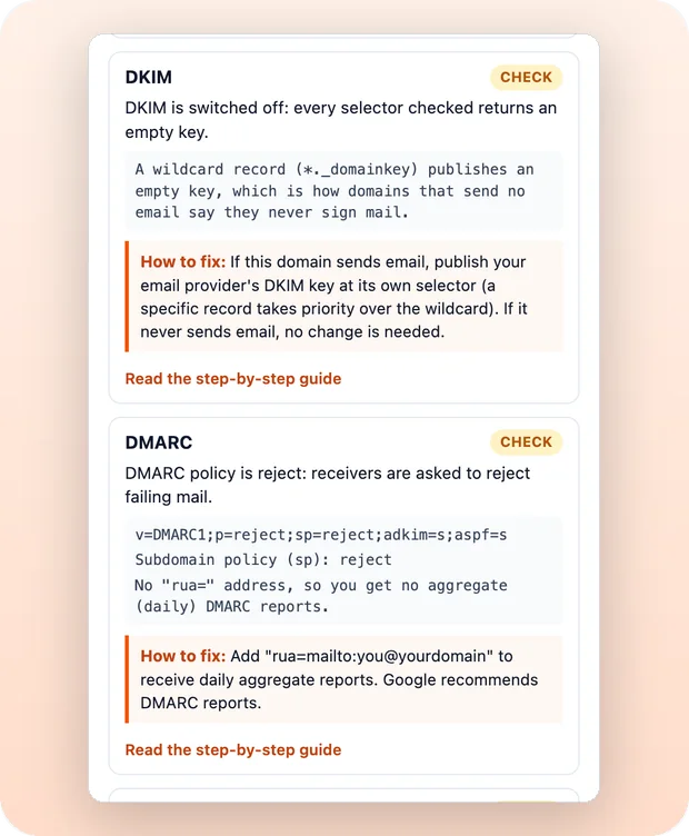 DKIM and DMARC results marked Check, each with a How to fix note and a link to the step-by-step guide